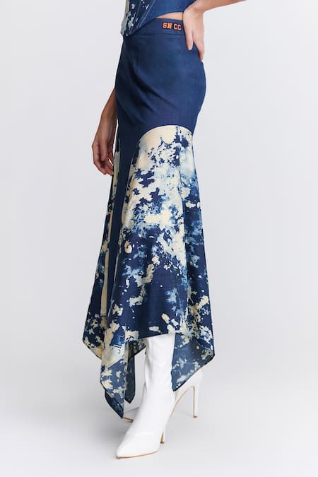 Buy S&N By Shantnu Nikhil Blue Denim, Lycra Abstract Print Draped Skirt Online at Aza Fashions Buy_S&N By Shantnu Nikhil_Blue Denim, Lycra Abstract Print Draped Skirt_Online_at_Aza_Fashions
