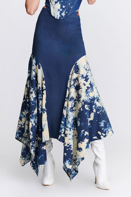 Shop S&N By Shantnu Nikhil Blue Denim, Lycra Abstract Print Draped Skirt Online at Aza Fashions Shop_S&N By Shantnu Nikhil_Blue Denim, Lycra Abstract Print Draped Skirt_Online_at_Aza_Fashions