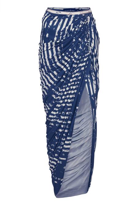S&N By Shantnu Nikhil_Blue Polyester Stripe Print Draped Skirt _Online_at_Aza_Fashions