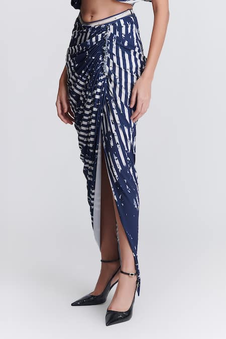 Buy_S&N By Shantnu Nikhil_Blue Polyester Stripe Print Draped Skirt _Online_at_Aza_Fashions