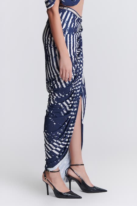 Shop_S&N By Shantnu Nikhil_Blue Polyester Stripe Print Draped Skirt _Online_at_Aza_Fashions