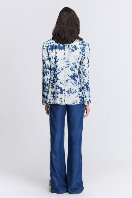 Shop S&N By Shantnu Nikhil Blue Denim, Lycra Embroidery Collared Abstract Print Jacket at Aza Fashions Shop_S&N By Shantnu Nikhil_Blue Denim, Lycra Embroidery Collared Abstract Print Jacket_at_Aza_Fashions