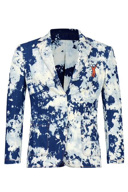 S&N By Shantnu Nikhil Blue Denim, Lycra Embroidery Collared Abstract Print Jacket Online at Aza Fashions S&N By Shantnu Nikhil_Blue Denim, Lycra Embroidery Collared Abstract Print Jacket_Online_at_Aza_Fashions