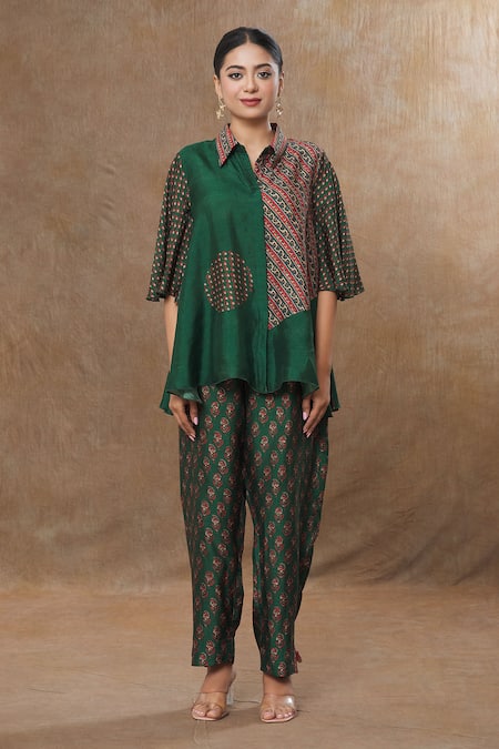 Shraddha Rambhia_Green Silk Embroidery Collared Floral Stripe Print Shirt And Pant Set_Online_at_Aza_Fashions