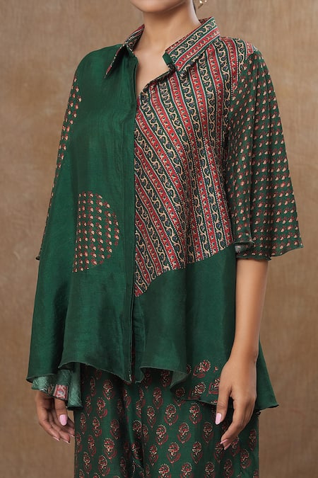Buy_Shraddha Rambhia_Green Silk Embroidery Collared Floral Stripe Print Shirt And Pant Set_Online_at_Aza_Fashions