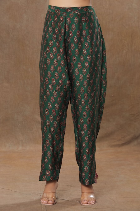 Shop_Shraddha Rambhia_Green Silk Embroidery Collared Floral Stripe Print Shirt And Pant Set_Online_at_Aza_Fashions