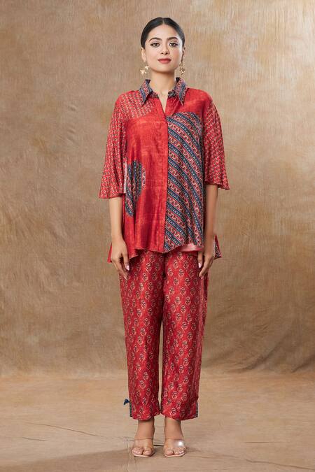 Shraddha Rambhia_Red Silk Collared Flower Stripe Print Shirt And Pant Set_Online_at_Aza_Fashions