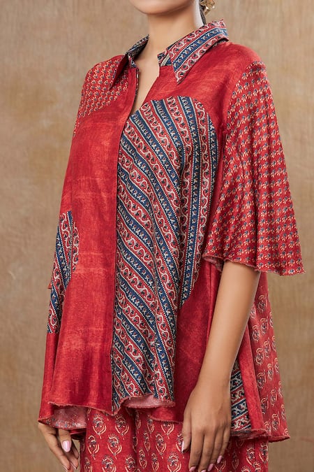 Buy_Shraddha Rambhia_Red Silk Collared Flower Stripe Print Shirt And Pant Set_Online_at_Aza_Fashions