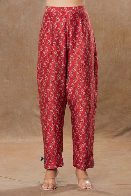 Shop_Shraddha Rambhia_Red Silk Collared Flower Stripe Print Shirt And Pant Set_Online_at_Aza_Fashions