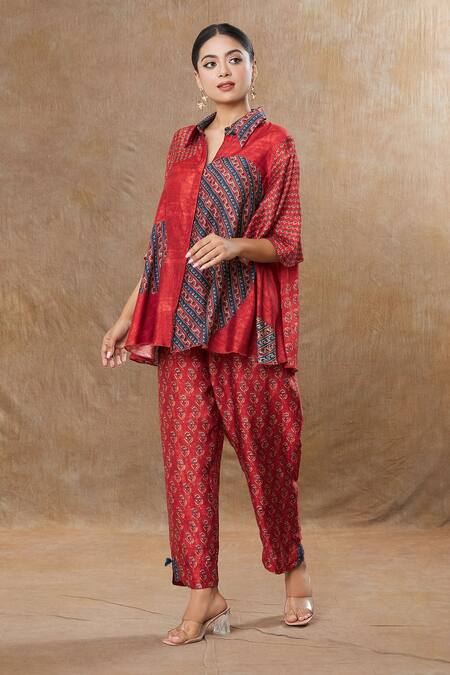 Shraddha Rambhia_Red Silk Collared Flower Stripe Print Shirt And Pant Set_at_Aza_Fashions