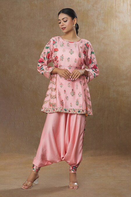 SHRADDHA RAMBHIA Pink Slub Silk Printed Floral Round Kurta And Harem Pant Set 