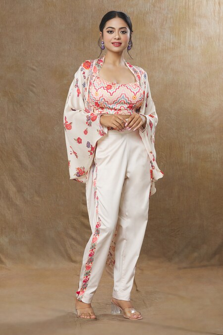 SHRADDHA RAMBHIA Ivory Wrinkle Satin Printed Blossom And Abstract Cape Pant Set 