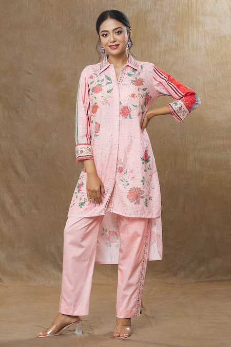 SHRADDHA RAMBHIA Pink Slub Silk Printed And Embroidered Floral Asymmetric Top & Pant Set 