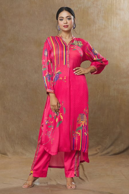 SHRADDHA RAMBHIA Pink Wrinkle Satin Printed Geometric And Floral High-low Top & Pant Set 