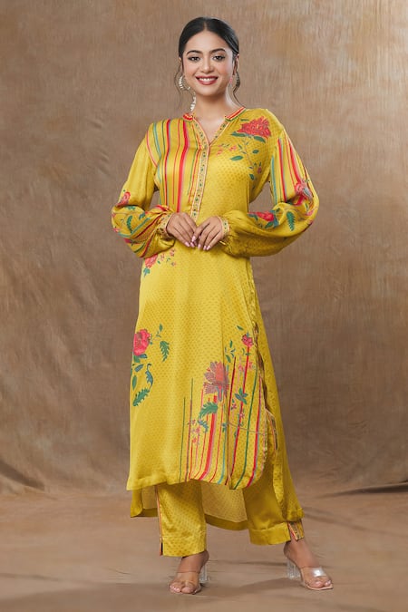 SHRADDHA RAMBHIA Yellow Wrinkle Satin Printed Geometric And High-low Top & Pant Set 