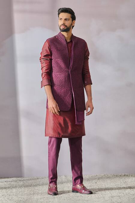 Buy_Tarun Tahiliani_Wine Silk, Georgette Sequins, Beads Panelled Tonal Embroidered Waistcoat _Online_at_Aza_Fashions