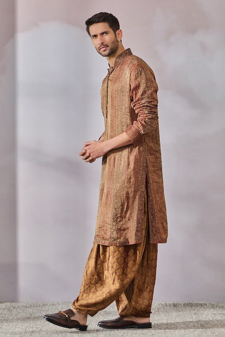 Buy_Tarun Tahiliani_Beige Tissue Georgette Printed Phulkari Kurta And Salwar Set _Online_at_Aza_Fashions