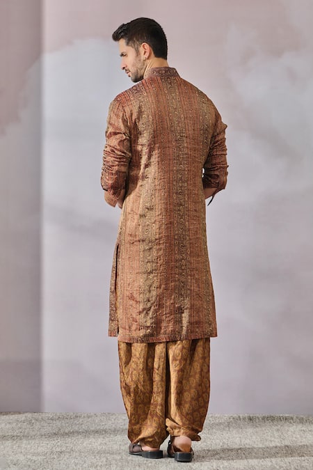 Shop_Tarun Tahiliani_Beige Tissue Georgette Printed Phulkari Kurta And Salwar Set _at_Aza_Fashions