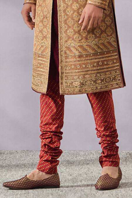 Tarun Tahiliani_Beige Cotton, Georgette, Jacquard, Poplin Phulkari Print Sherwani And Kurta Set _Online_at_Aza_Fashions