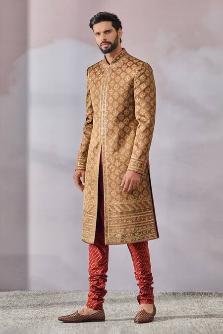 Buy_Tarun Tahiliani_Beige Cotton, Georgette, Jacquard, Poplin Phulkari Print Sherwani And Kurta Set _Online_at_Aza_Fashions