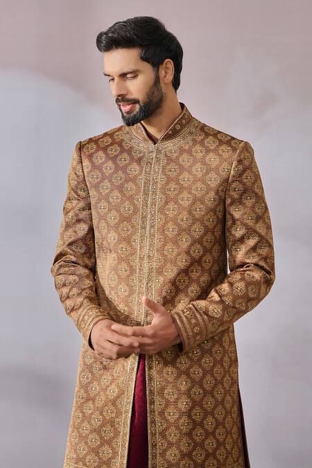 Shop_Tarun Tahiliani_Beige Cotton, Georgette, Jacquard, Poplin Phulkari Print Sherwani And Kurta Set _Online_at_Aza_Fashions