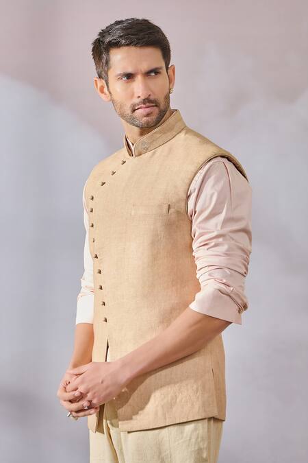 Tarun Tahiliani_Beige Linen Embroidery Asymmetric Paneled Waistcoat _Online_at_Aza_Fashions
