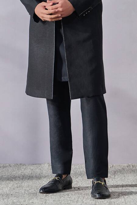 Tarun Tahiliani_Black Linen Embroidery Draped Sherwani And Kurta Set _Online_at_Aza_Fashions