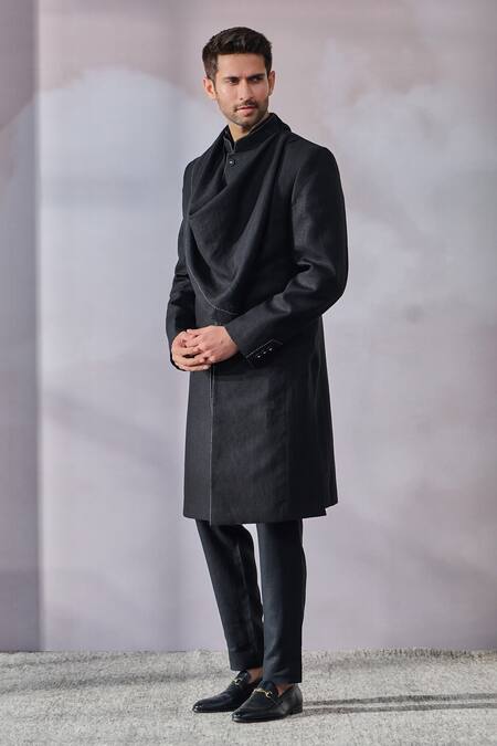 Buy_Tarun Tahiliani_Black Linen Embroidery Draped Sherwani And Kurta Set _Online_at_Aza_Fashions