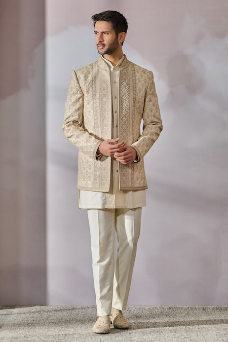 Tarun Tahiliani Ivory Raw Silk Embroidered Floral Bandhgala Trouser Set 