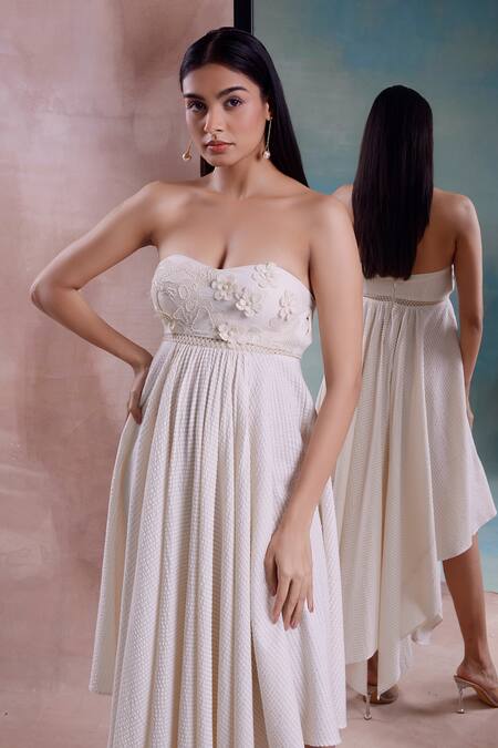 Shwetanga_Ivory Cotton Embroidery, Pearls Off-shoulder Floret Handkerchief Dress _Online_at_Aza_Fashions
