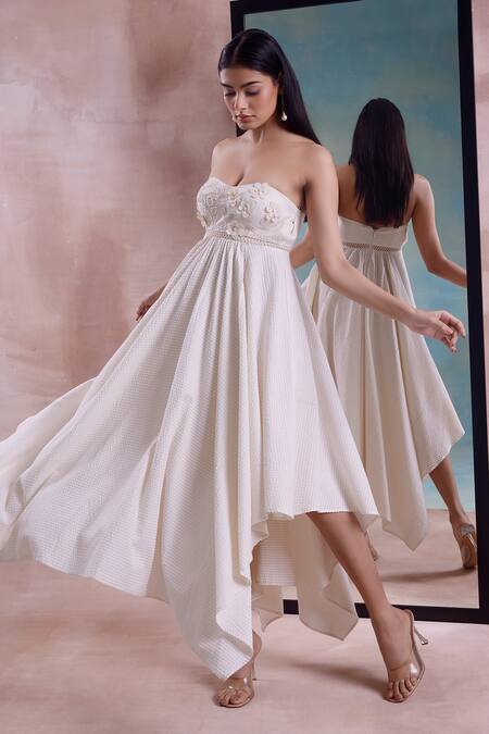 Buy_Shwetanga_Ivory Cotton Embroidery, Pearls Off-shoulder Floret Handkerchief Dress _Online_at_Aza_Fashions