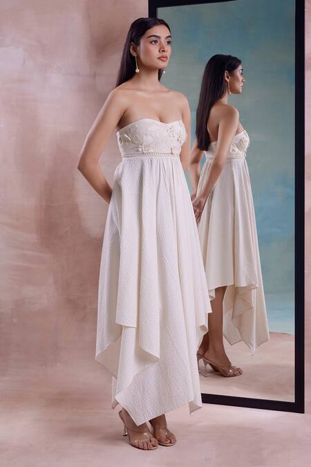 Shop_Shwetanga_Ivory Cotton Embroidery, Pearls Off-shoulder Floret Handkerchief Dress _Online_at_Aza_Fashions