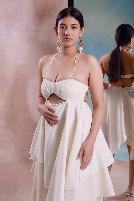 Shop_Shwetanga_Ivory Cotton Pearls Sweetheart Neck Asymmetrical Ruched Layered Dress _Online_at_Aza_Fashions