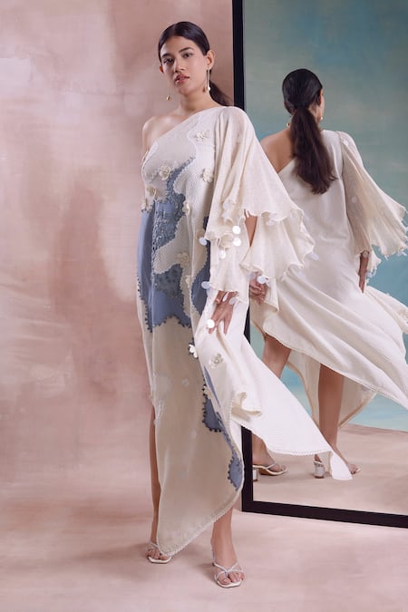 Shop Shwetanga Ivory Cotton Pearls, Beads One Shoulder Patchwork Scarf Dress at Aza Fashions Shop_Shwetanga_Ivory Cotton Pearls, Beads One Shoulder Patchwork Scarf Dress _at_Aza_Fashions