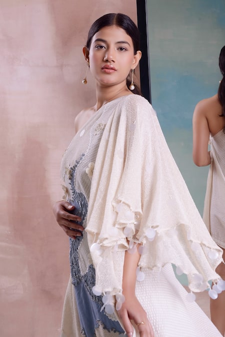 Shwetanga Ivory Cotton Pearls, Beads One Shoulder Patchwork Scarf Dress Online at Aza Fashions Shwetanga_Ivory Cotton Pearls, Beads One Shoulder Patchwork Scarf Dress _Online_at_Aza_Fashions