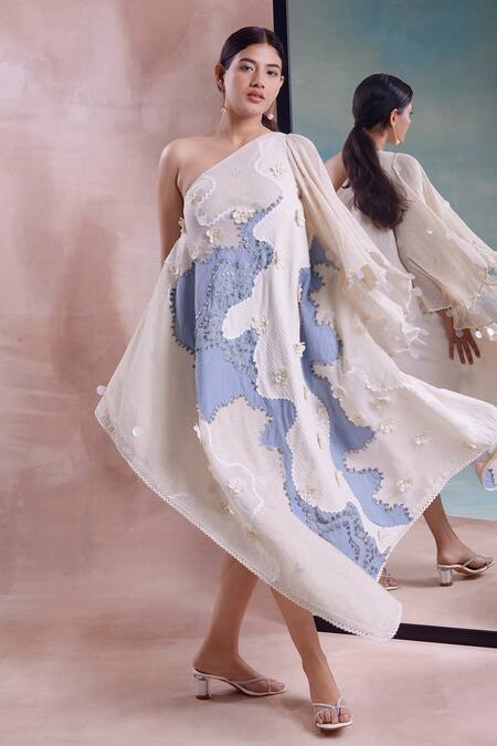 Buy Shwetanga Ivory Cotton Pearls, Beads One Shoulder Patchwork Scarf Dress Online at Aza Fashions Buy_Shwetanga_Ivory Cotton Pearls, Beads One Shoulder Patchwork Scarf Dress _Online_at_Aza_Fashions