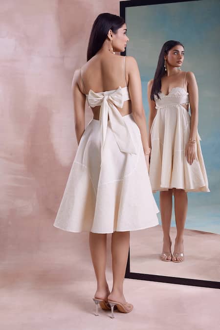 Shop Shwetanga Ivory Cotton Beads, Fabric Flowers Sweetheart Neck Patchwork Floret Flared Dress at Aza Fashions Shop_Shwetanga_Ivory Cotton Beads, Fabric Flowers Sweetheart Neck Patchwork Floret Flared Dress _at_Aza_Fashions