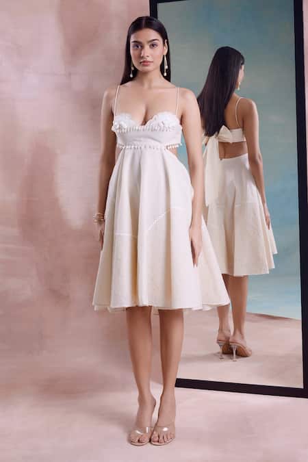 Shwetanga_Ivory Cotton Beads, Fabric Flowers Sweetheart Neck Patchwork Floret Flared Dress _Online_at_Aza_Fashions