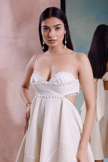 Buy_Shwetanga_Ivory Cotton Beads, Fabric Flowers Sweetheart Neck Patchwork Floret Flared Dress _Online_at_Aza_Fashions