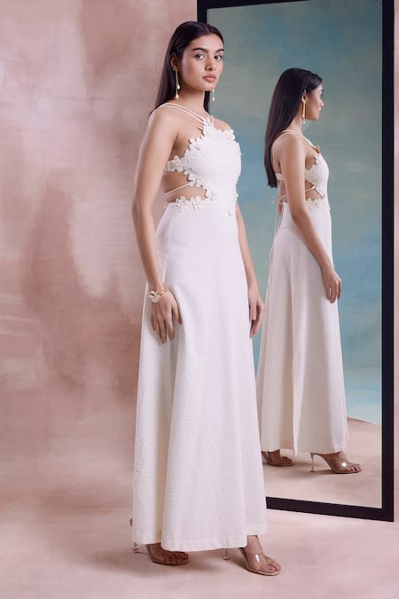 Shwetanga_Ivory Cotton Embroidery Halter Neck Floral Cutwork Dress _Online_at_Aza_Fashions