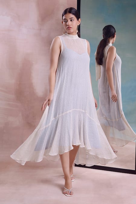 Shwetanga_Ivory Cotton, Organza High Neck Mesh Tie-up Dress _Online_at_Aza_Fashions