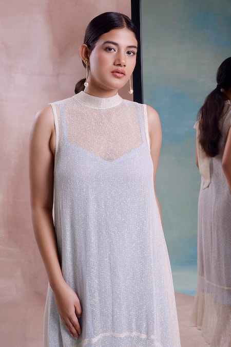 Buy_Shwetanga_Ivory Cotton, Organza High Neck Mesh Tie-up Dress _Online_at_Aza_Fashions