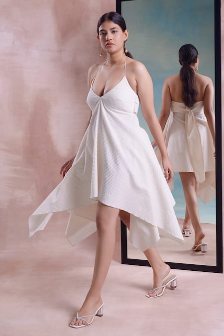 Buy_Shwetanga_Ivory Cotton Halter Neck Handkerchief Dress _Online_at_Aza_Fashions