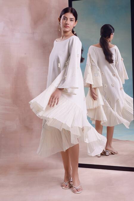 Shwetanga_Ivory Cotton Embroidery Boat Neck Scarf Kaftan Dress _Online_at_Aza_Fashions