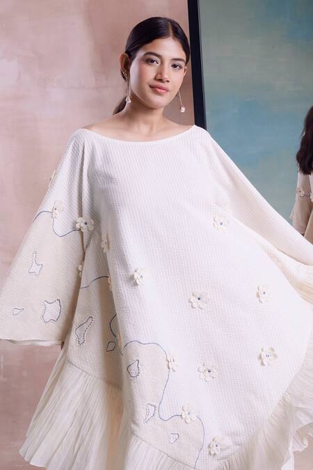Buy_Shwetanga_Ivory Cotton Embroidery Boat Neck Scarf Kaftan Dress _Online_at_Aza_Fashions