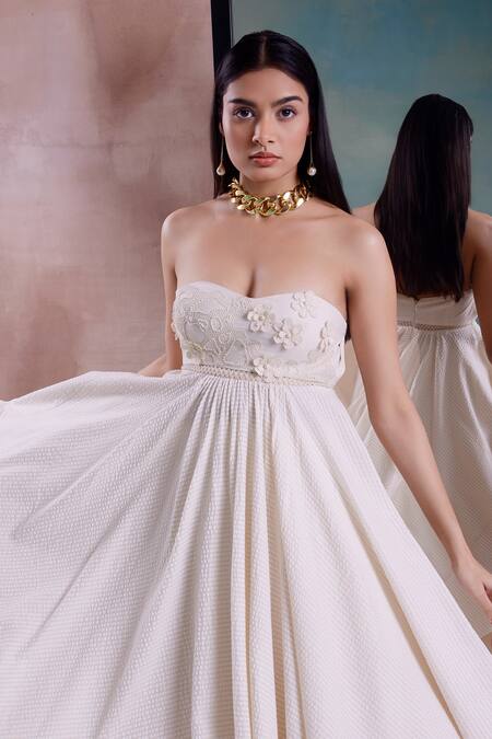 Buy_Shwetanga_Ivory , Satin Floral Placement Patchwork Tunic And Flared Skirt Set _Online_at_Aza_Fashions