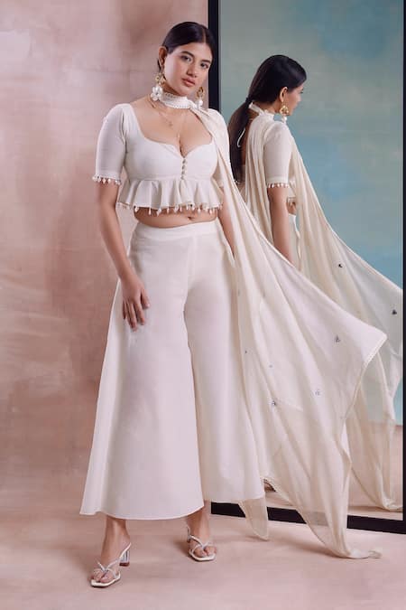 Buy_Shwetanga_Ivory Cotton Beads Sweetheart Neck Ruffled Peplum Top Pant Set _Online_at_Aza_Fashions