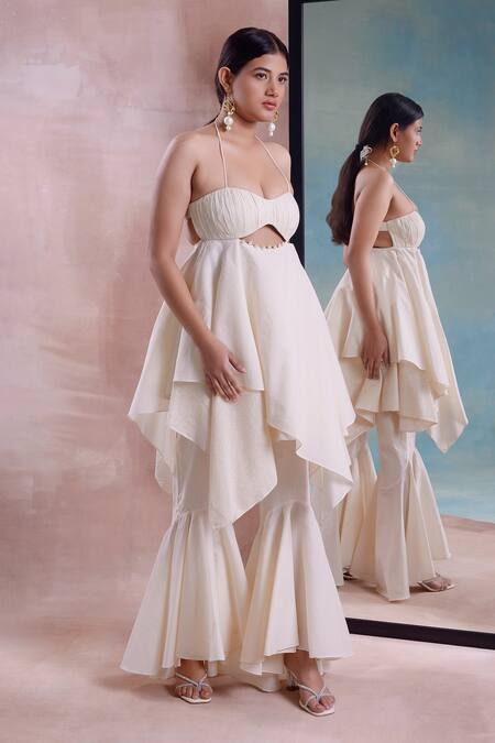 Shwetanga_Ivory Cotton, Organza Halter Neck Ruched Handkerchief Tunic And Sharara Set _Online_at_Aza_Fashions