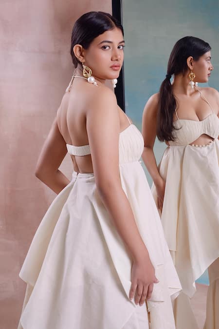 Buy_Shwetanga_Ivory Cotton, Organza Halter Neck Ruched Handkerchief Tunic And Sharara Set _Online_at_Aza_Fashions