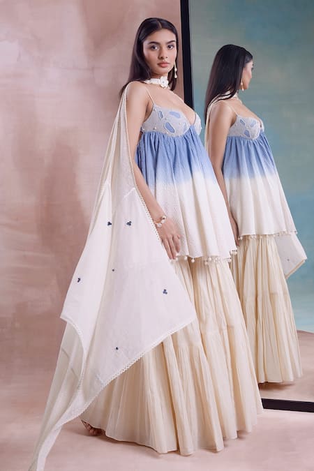 Buy_Shwetanga_Ivory Organza, Cotton Beads Sweetheart Neck Ombre Bralette Tunic Sharara Set _Online_at_Aza_Fashions